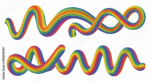 白い背景に虹色の波状の抽象的な線が描かれた、カラフルで流動的なデザイン要素のセットは、創造性と多様性を表現します。