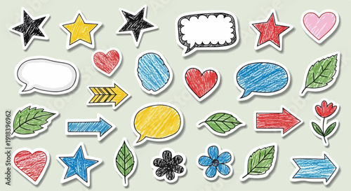 手描きクレヨン調の星、ハート、吹き出し、矢印、葉、花など、様々な形と色の可愛らしい落書きアイコンが散りばめられた、遊び心あふれるステッカーコレクション素材。