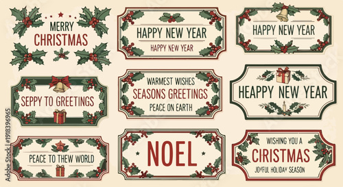 Zestaw retro etykiet świątecznych i noworocznych z ozdobnymi ramkami, jemiołą, dzwonkami i życzeniami, idealny do projektów graficznych.