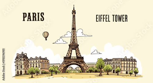 Urocza, ręcznie rysowana ilustracja Wieży Eiffla w Paryżu, z klasycznymi budynkami, drzewami i balonem na gorące powietrze.
