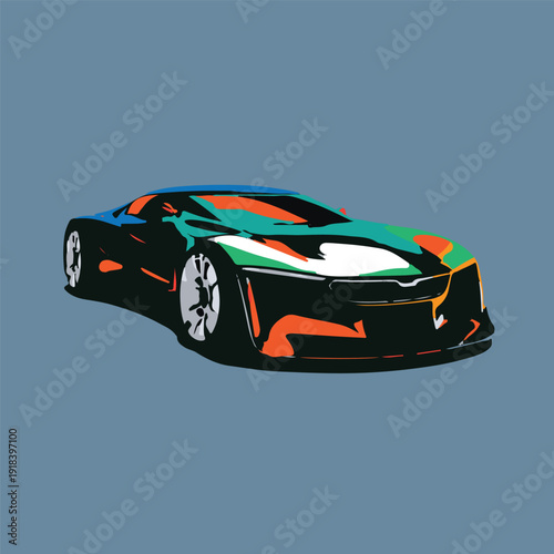 The car has a sleek, aerodynamic design with sharp, flowing lines and a low profile. It features large, dark alloy wheels and a wide body that emphasizes speed and performance.