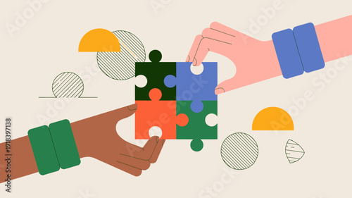 Two hands one brown and one pale are connecting colorful puzzle pieces together symbolizing collaboration and problem solving high quality professional detailed modern elegant stylish clean