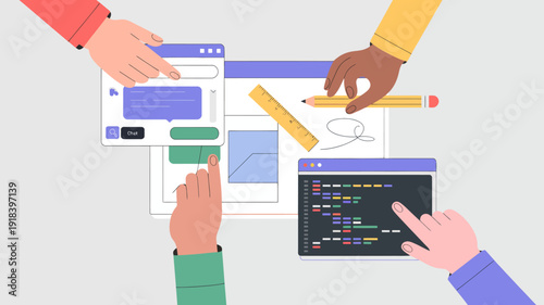 A diverse group collaboratively designs a digital interface utilizing devices coding and sketching to construct a user experience high quality professional detailed modern elegant stylish clean