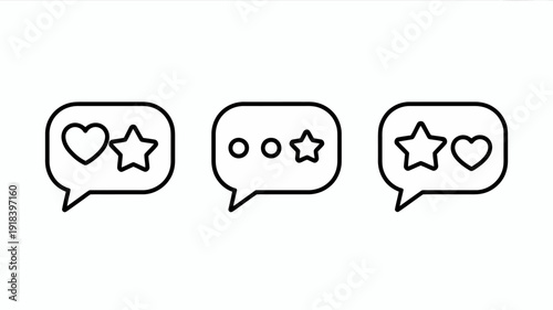 Three speech bubbles are displayed each containing a combination of heart and star icons in a simple black and white linear style high quality professional detailed