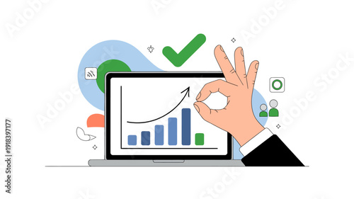An illustration depicts a hand making an ok gesture over a laptop screen displaying a growth chart symbolizing success and approval high quality professional detailed modern