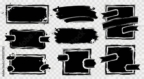 透明な背景に配置された、手描きのグランジフレーム、ブラシストローク、バナーの多様なセット。テキストボックスやデザイン素材として活用できる、インクの飛び散りや擦れた質感を持つベクターコレクション。