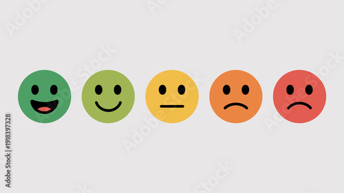 A horizontal row displays five circular emoticons ranging from very happy on the left to very sad on the right representing emotional scales high quality professional