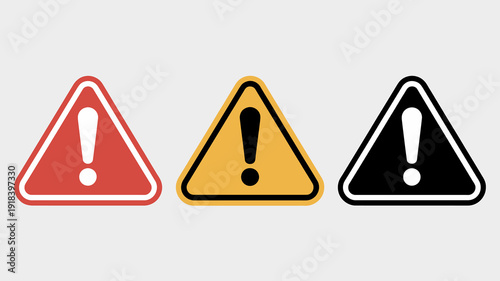 Three triangular warning signs are displayed each in a different color red yellow and black all featuring a central exclamation point high quality professional detailed modern