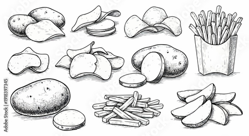 さまざまなじゃがいも製品、ポテトチップス、フライドポテト、ポテトウェッジ、そして生じゃがいもを手描きスケッチスタイルで描いた、白黒のビンテージ風イラストセット。