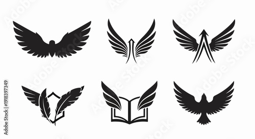 自由、力、知識、上昇、成功といった象徴的な概念を表現する、様々なスタイルの翼のロゴとアイコンのグラフィックデザイン要素のコレクション。