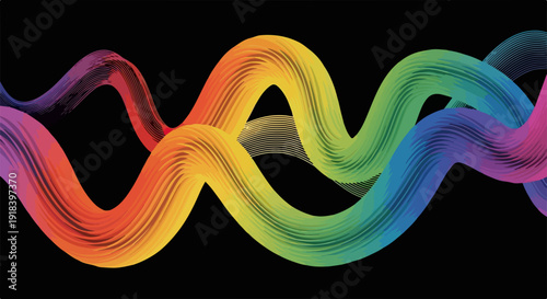 黒い背景に虹色の鮮やかな波線が幾重にも重なり、流れるような動きとダイナミックなエネルギーを表現した抽象的なグラフィックデザイン。ウェブサイトやプレゼンテーションの背景、テクノロジー関連のコンテンツに最適なモダンなイメージ。