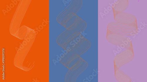 An abstract composition features three vertically arranged panels of vibrant colors each displaying a stylized ribbon like form high quality professional detailed modern elegant stylish clean