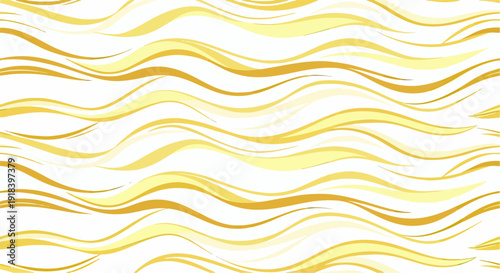 白地に金色の波が流れるような手描きの抽象的なシームレスパターンで、優雅さと豪華さを表現する背景デザインや装飾素材に最適です。