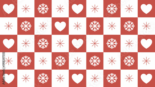A repeating pattern features red and white squares adorned with alternating heart and snowflake motifs creating a festive design high quality professional detailed modern elegant stylish