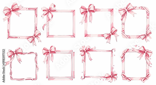 水彩画風の柔らかなピンク色のリボンや弓で装飾された、繊細で可愛らしい8種類の正方形フレームセット。メッセージカードや招待状、ギフトのデコレーションに最適なエレメントです。