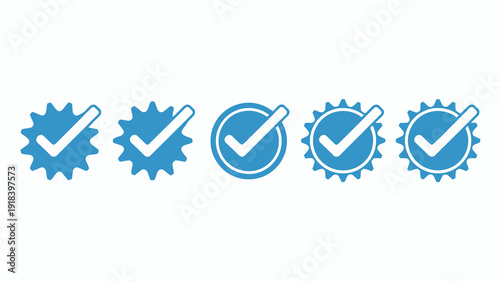 A row of five light blue icons depicts cogwheels with checkmarks representing positive confirmation or successful processes high quality professional detailed modern elegant stylish clean crisp