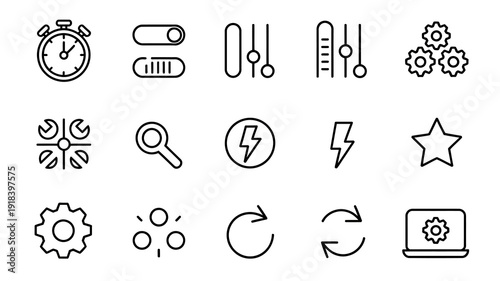 A collection of thin line black and white icons representing various concepts like time settings power search and data processing high quality professional detailed modern elegant