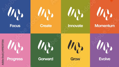 An arrangement of nine colored squares displays a stylized w shape accompanied by inspirational words like focus create and innovate high quality professional detailed modern elegant