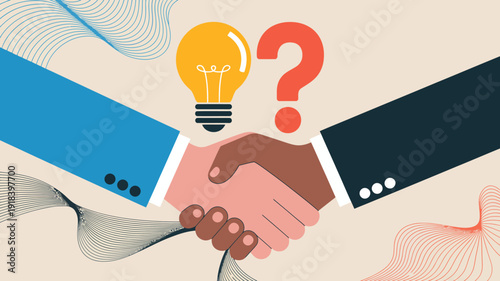 An illustration depicts a handshake between two figures one holding a glowing lightbulb alongside a large red question mark high quality professional detailed modern elegant stylish