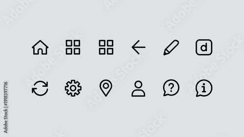 A collection of simple black outline icons representing common digital interface elements including home grid edit and user options high quality professional detailed modern elegant stylish