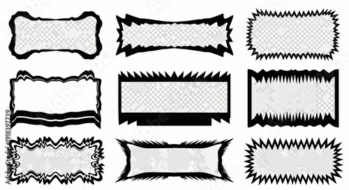 漫画やポップアートのスタイルで、ギザギザやとげとげした手描き感のある白黒の飾り枠と吹き出し枠のベクターイラストセット。広告やメッセージ、見出しにインパクトを与えるデザイン素材コレクション。