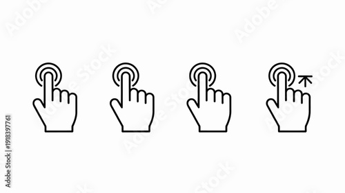 A series of four black line art illustrations depicts a human hand pressing a circular button showing different stages of interaction high quality professional detailed modern