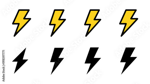 A simple graphic illustration depicts eight lightning bolt icons arranged in two rows of four using yellow and black high quality professional detailed modern elegant stylish