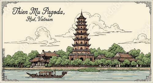 ベトナムの古都フエに位置する天姥寺の多層塔が、香江を行く伝統的な小舟と共に描かれた、歴史と文化が息づくヴィンテージ風イラスト。