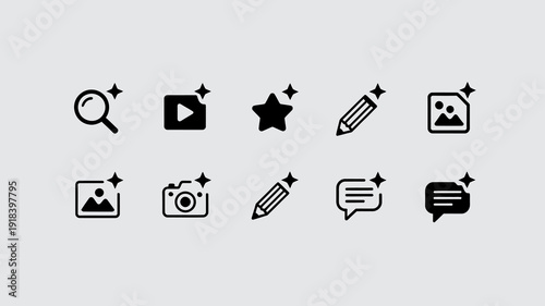 A collection of various black glyph icons representing search video photo editing and communication features high quality professional detailed modern elegant stylish clean crisp vibrant colorful