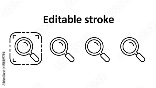 A series of black line art magnifying glasses are depicted with one highlighted within a dashed square frame high quality professional detailed modern elegant stylish clean