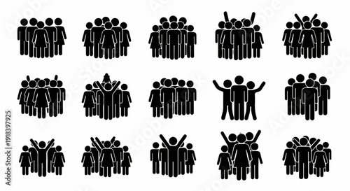 様々なポーズで集まる人々のグループを描いたシルエットアイコンセットは、チームワーク、コミュニティ、成功、多様性を表現するベクターイラストです。