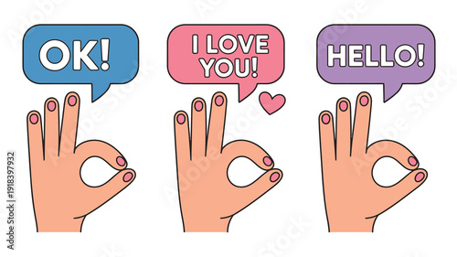 Three cartoon hands each making the ok gesture paired with colorful speech bubbles containing positive messages high quality professional detailed modern elegant stylish clean crisp vibrant