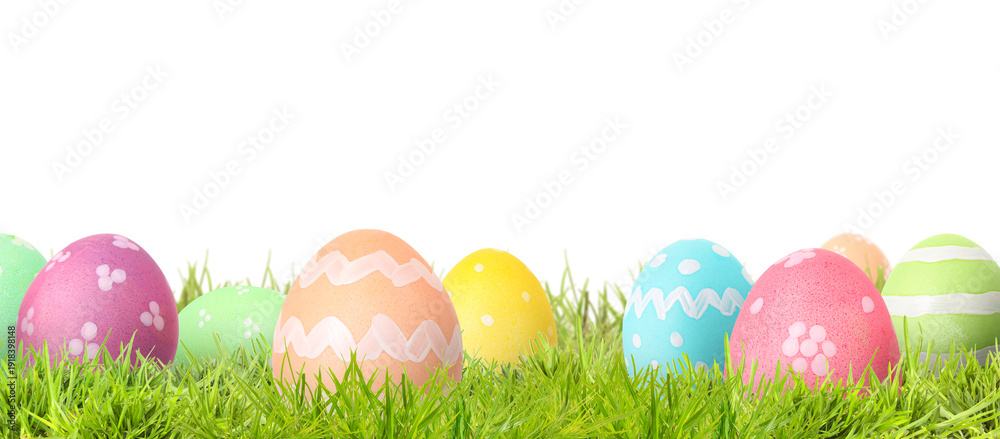 Fototapeta premium Easter eggs in green grass against white background