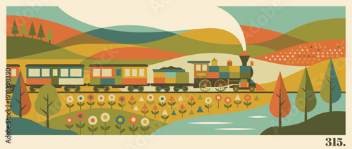 Flat vector illustration of a vintage steam train traveling through a colorful blooming countryside with rolling hills, stylized trees, and a river in a retro mid-century modern graphic design.