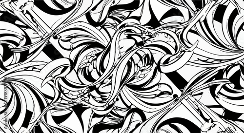 白黒の複雑な曲線と幾何学的な要素が絡み合う、抽象的でダイナミックなシームレスパターン背景。