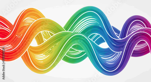 カラフルな波状の線が流れる抽象的なデザインで、鮮やかな虹色のスペクトルがダイナミックな動きとエネルギーを表現しています。