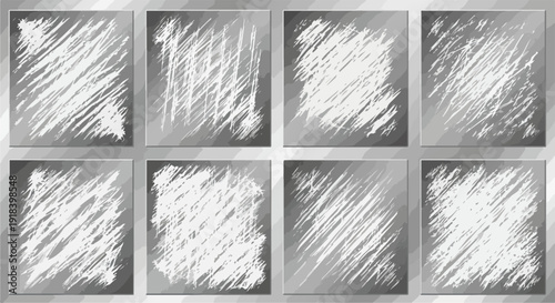 複数の擦り傷と摩耗が特徴的な、灰色と銀色のメタリックなグランジテクスチャ背景素材のベクターセット。デジタルデザインや装飾に最適です。
