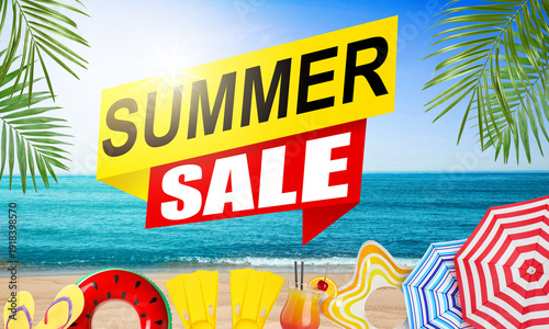 Summer sale poster design with beach accessories and rolling on sand sea waves