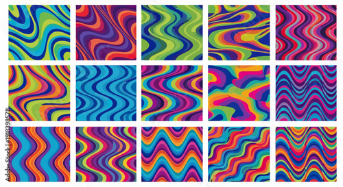 鮮やかな色彩が波打つサイケデリックな抽象パターン素材集、レトロでヒッピーな雰囲気を醸し出すカラフルな背景デザインのコレクションで、多様なウェーブと渦巻き模様が特徴的です。