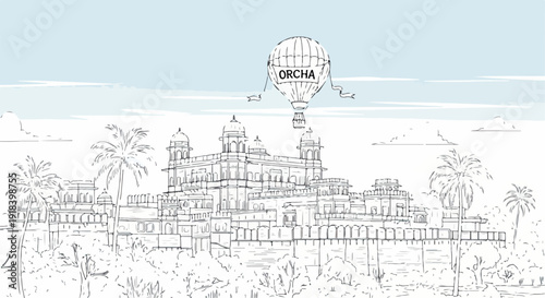 インドの歴史的な宮殿と空に浮かぶ熱気球が描かれた、詳細で美しいラインアートイラスト。旅行や冒険、文化遺産を感じさせる異国情緒豊かな風景が特徴です。