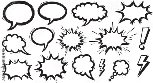 Dynamic Hand-Drawn Brush Stroke Comic Book Speech Bubbles, Explosion Bursts, and Lightning Bolts Vector Set for Impactful Design