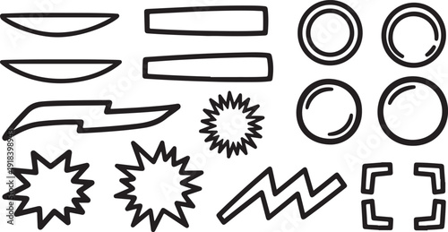 Hand-Drawn Doodle Style Comic Book Explosion, Lightning Bolt, Starburst, and Graphic Frame Elements Vector Set for Impact Effects