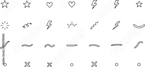 Minimalist Hand-Drawn Doodle Style Star, Heart, Lightning, Sparkle, and Checkmark Graphic Elements Vector Set for UI/UX Accents
