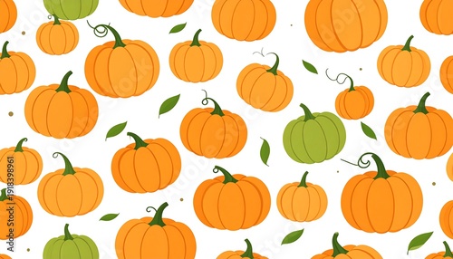 A vibrant, repeating pattern of orange and green pumpkins with green stems and leaves scattered on a white background. It gives a festive feel