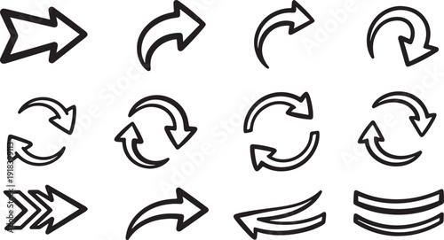 Hand-Drawn Sketchy Outline Arrows Set: Curved, Straight, Return, Repeat, Forward, Back and Directional Pointers for Navigation Design.