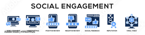 Glyphcolor - Social Engagement web banner icon vector illustration concept for business with icon of video comment, video ratings, positive review, negative review, social feedback, reputation, viral.