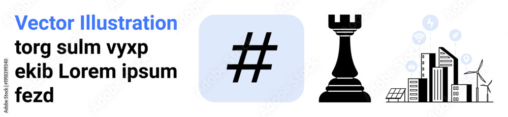 Fototapeta premium metadata tag symbol, rook chess piece, and a futuristic cityscape with renewable energy symbols. Ideal for technology, sustainability, strategy, innovation, social media, planning simple landing
