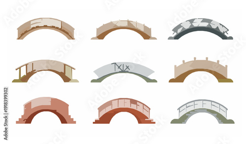 Flat vector set of wooden metal brick and stone footbridges isolated on white background