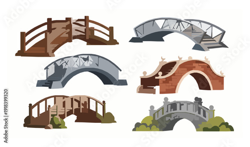 Stylized flat pedestrian bridge collection for city park and backyard vector set isolated on white background