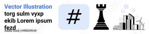 metadata tag symbol, rook chess piece, and a futuristic cityscape with renewable energy symbols. Ideal for technology, sustainability, strategy, innovation, social media, planning simple landing